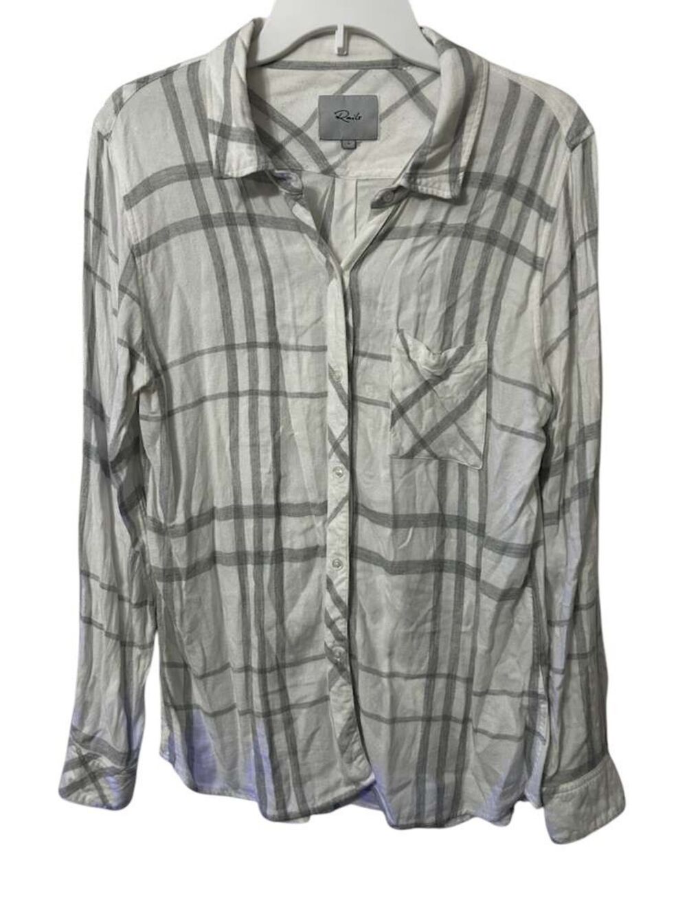 Rails Hunter White Charcoal Plaid Button Down Women Large Long Sleeves Rayon